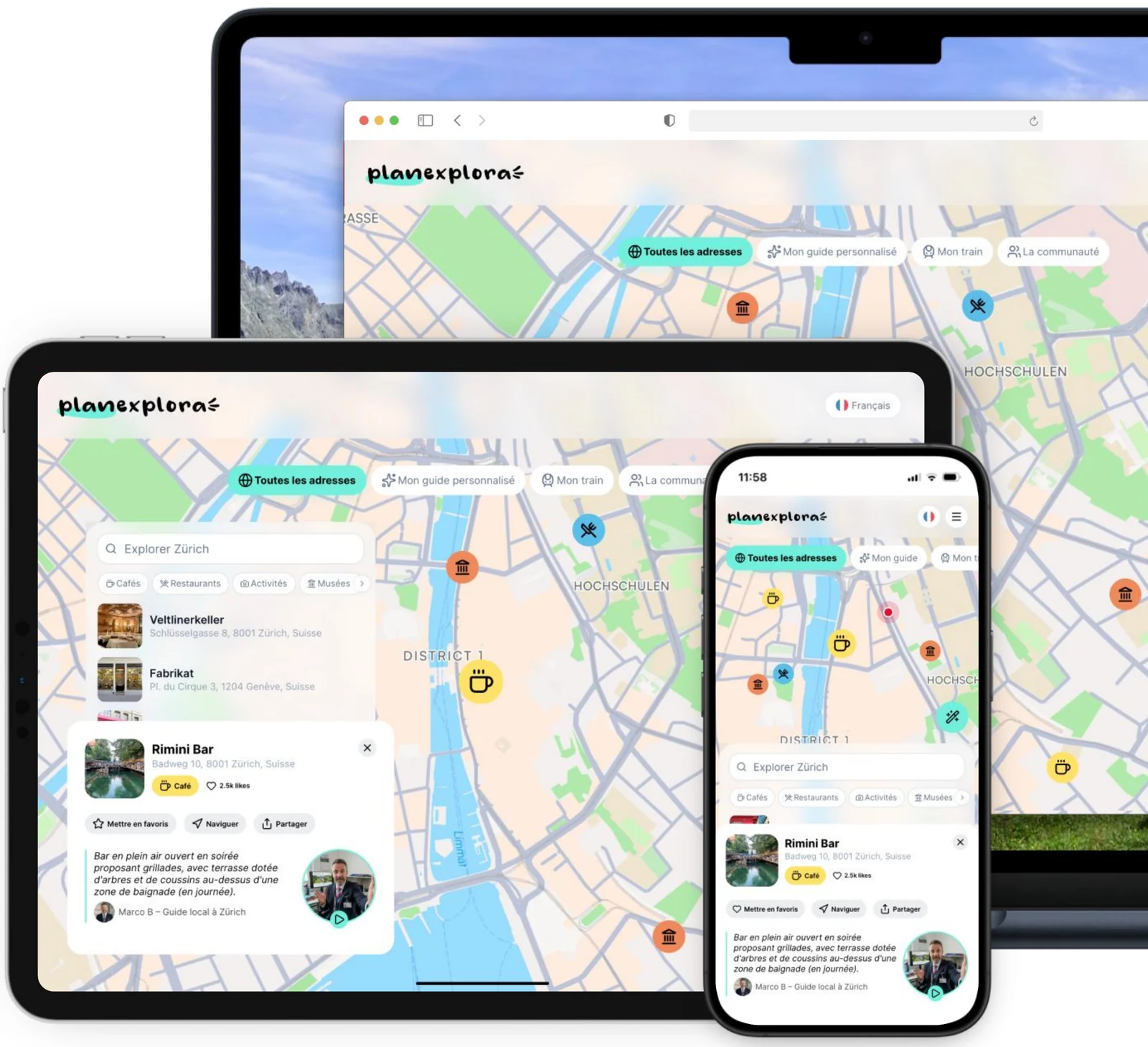 Le Guide Immersif sur ordinateur, tablette et smartphone : carte de Zurich, adresses recommandées et fiche signée par un guide local