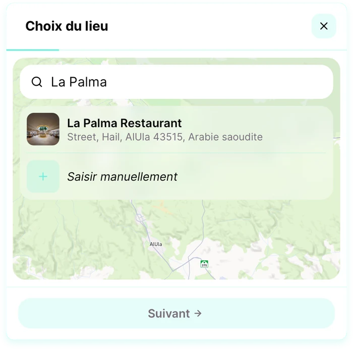 Étape 1 : recherche du lieu « La Palma » et choix de La Palma Restaurant à AlUla