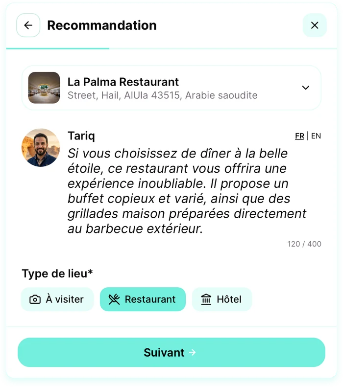 Étape 2 : recommandation signée par Tariq, en français et en anglais, avec le type de lieu Restaurant